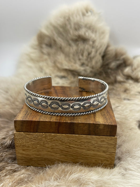 6.75" - 8" Stamped Silver Cuff by James Bahe, Navajo