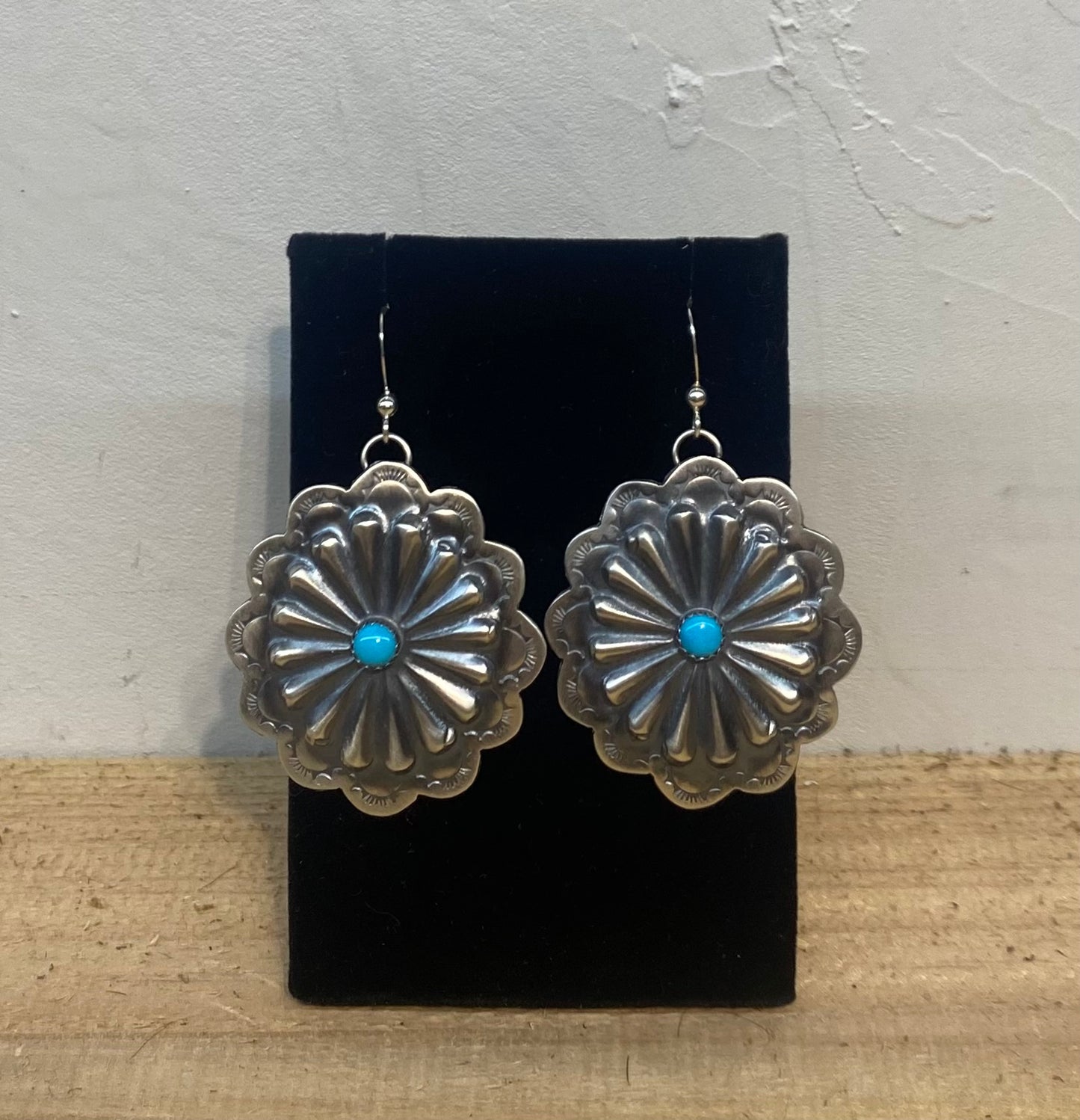 Hand Stamped Sterling Silver Concho with Sleeping Beauty Turquoise Dangle Earrings by Rita Daye