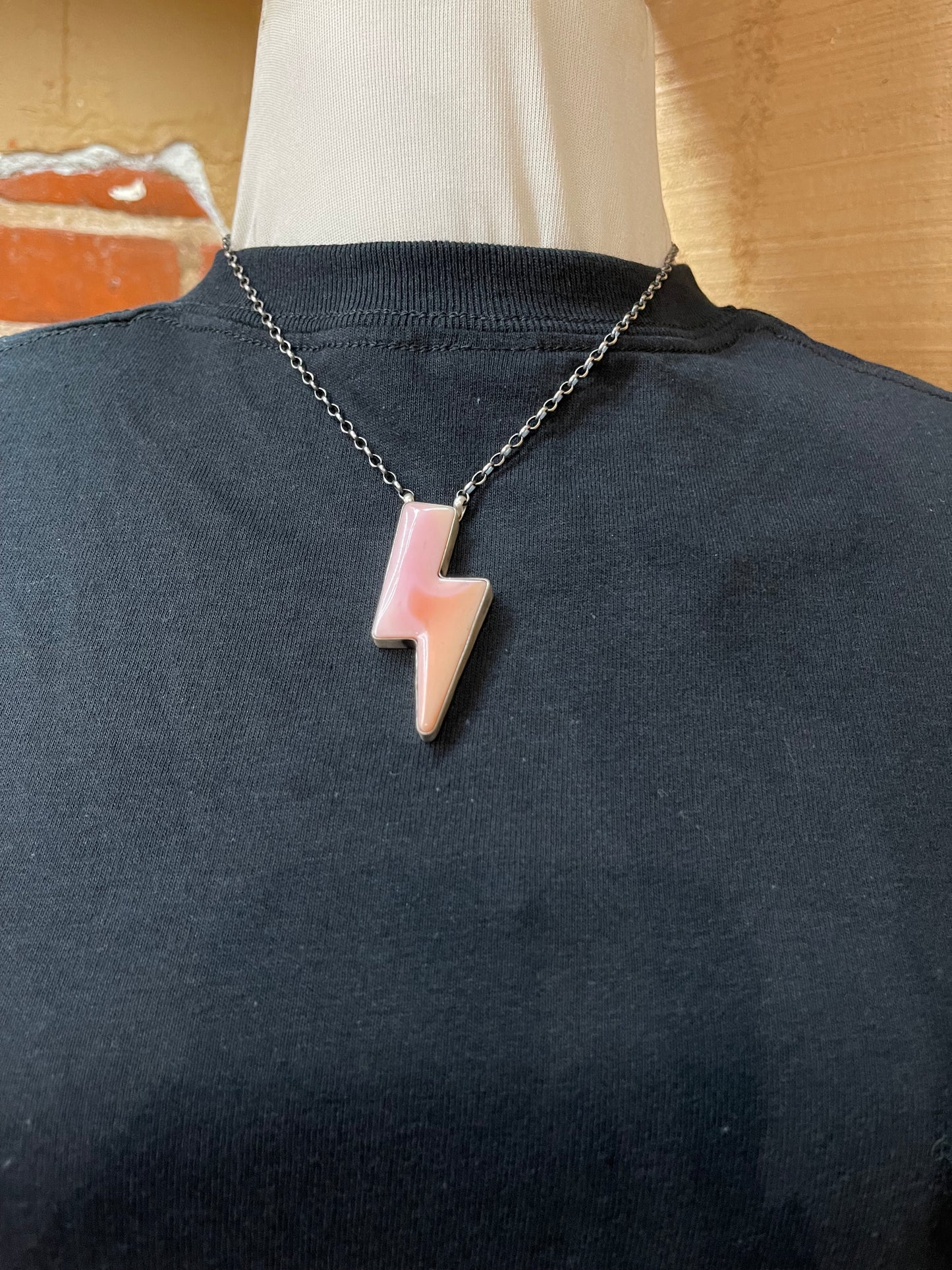 16" Pink Conch Shell Lightning Bolt Necklace by Donovan Skeets, Navajo