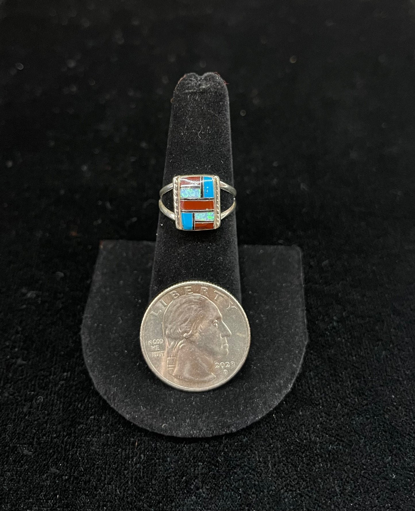 Sleeping Beauty Turquoise, Red Coral, and Fire Roasted White Opal Inlay Ring