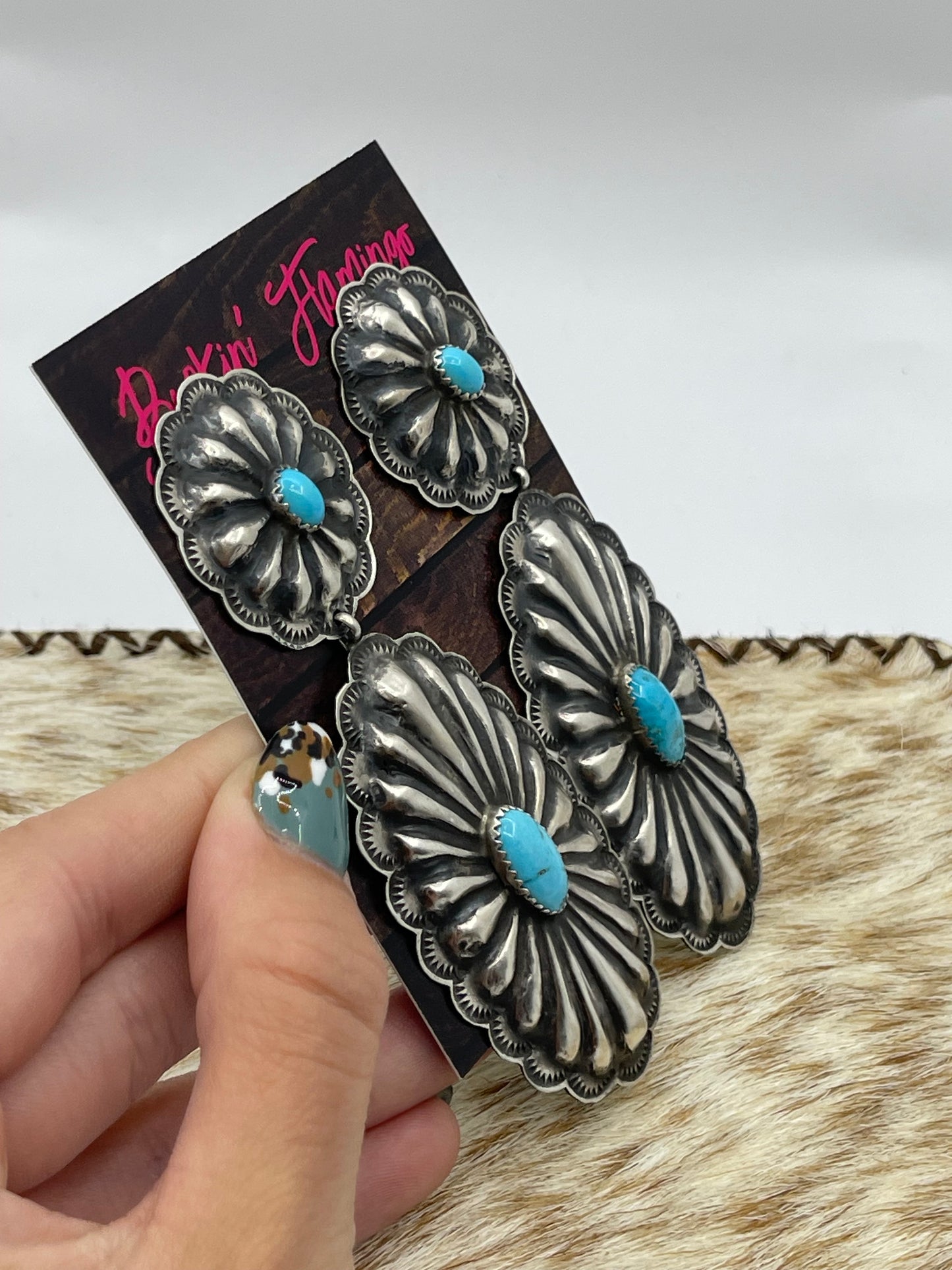 Large Double Concho Post Dangle Earrings with Turquoise by Rita Lee, Navajo