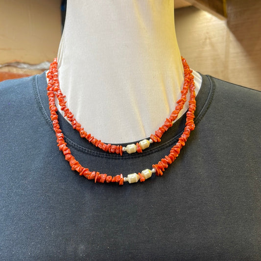 18"& 20" Coral and Freshwater Pearl Necklace by Juanita Abeyta, Santo Domingo