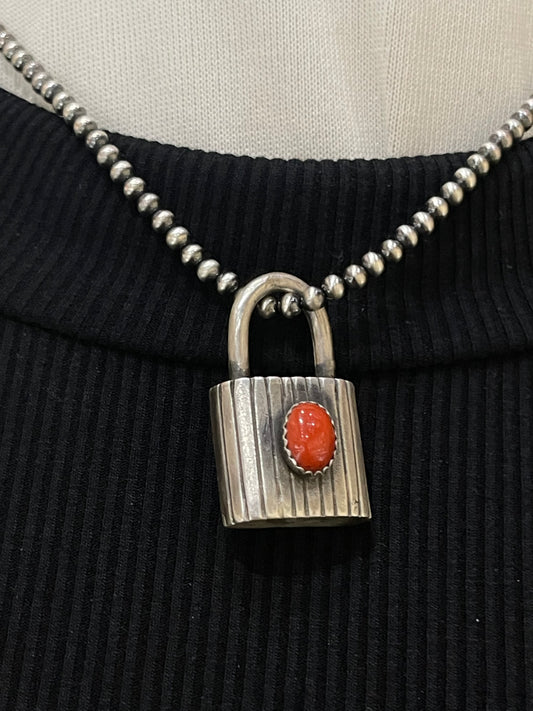 Lock Pendant by Emer Thompson on 3mm 16" Silver Pearls