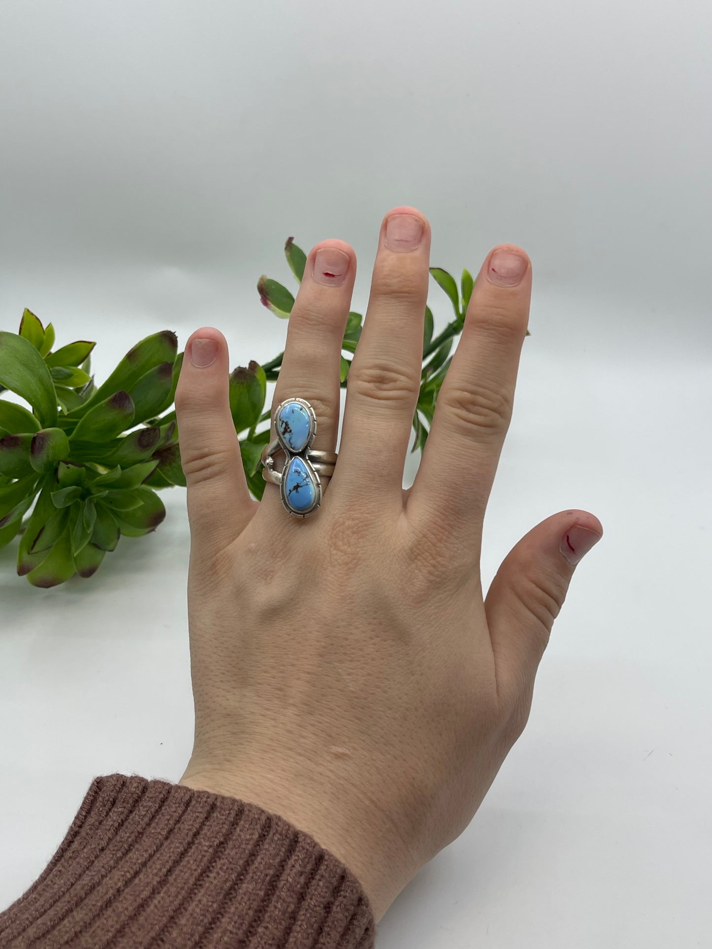 Adjustable 8.0-9.0 2 Stone Golden Hills Turquoise Ring