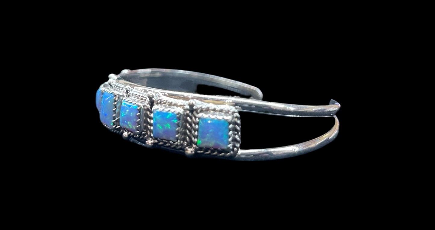 6"-7" 7 Stone Blue Opal Adjustable Cuff by Davey Morgan, Navajo