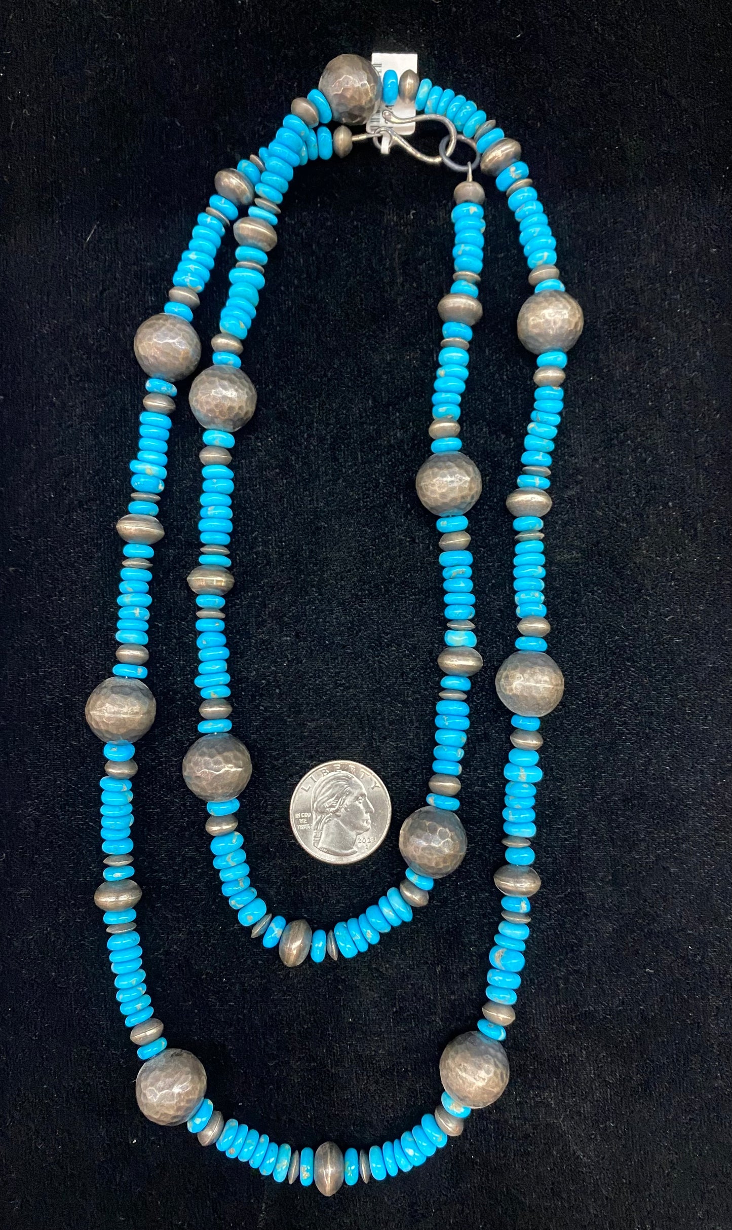 42" Handmade Textured Sterling Silver Beads, Sleeping Beauty Turquoise Beads, and Navajo Saucers