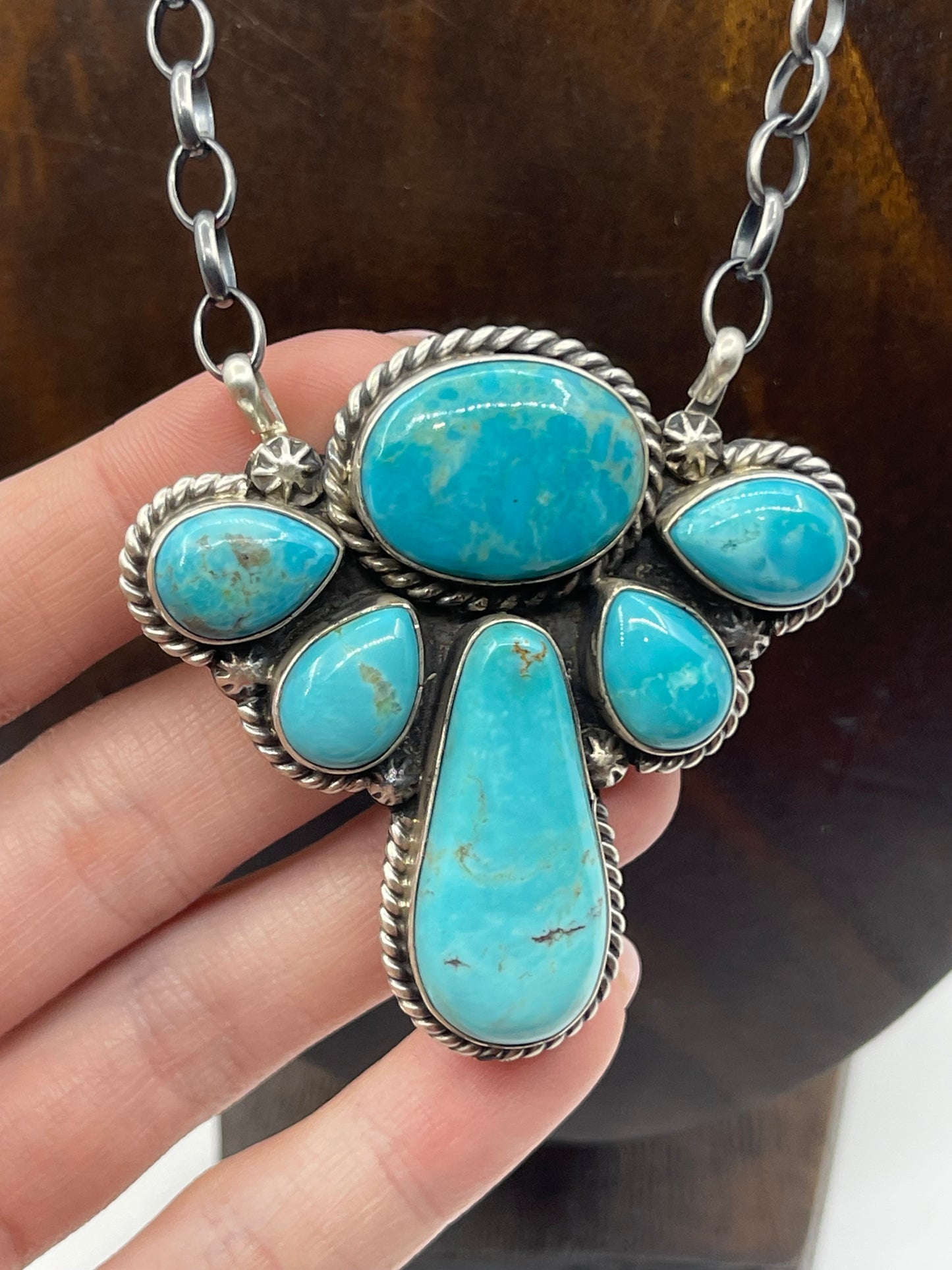 16" 6 Stone Kingman Turquoise Cluster Necklace by Elouise Kee, Navajo