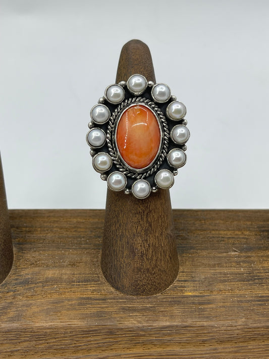 Orange Spiny Oyster and Freshwater Pearl Cluster Adjustable  Ring