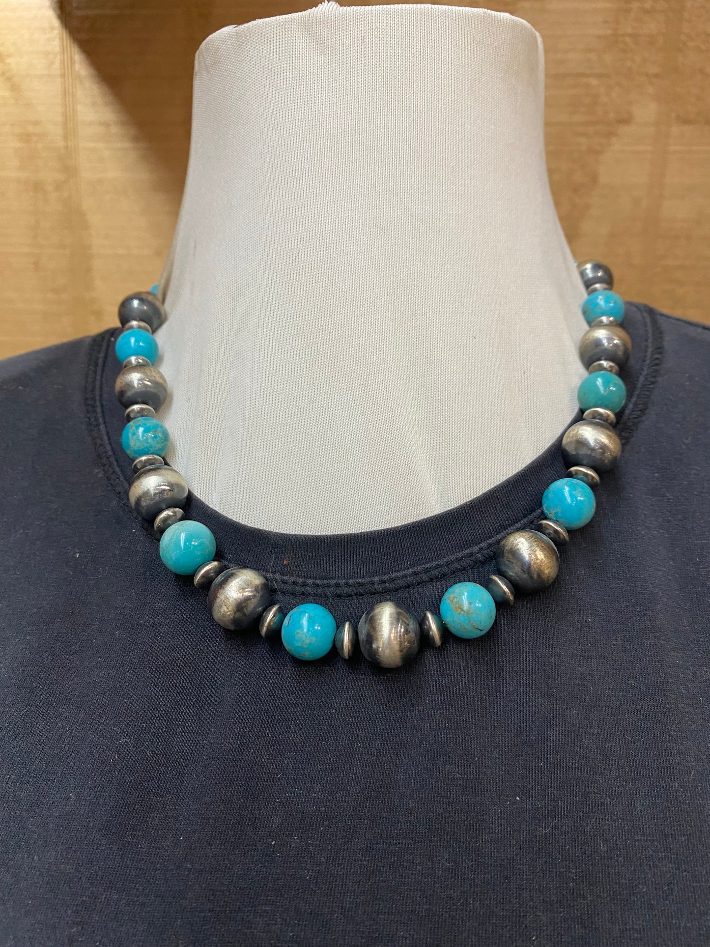20” 16mm Navajo Pearls with 14mm Kingman Turquoise Beads
