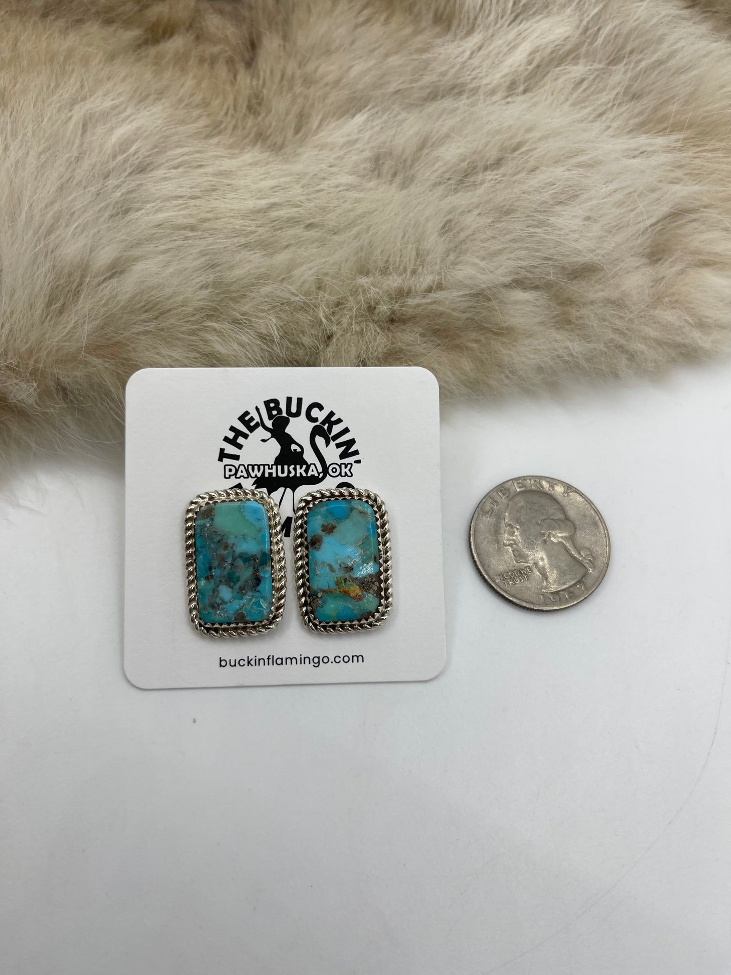 Rectangle Turquoise Post with Rope Border Earrings by Larry Etsitty, Navajo