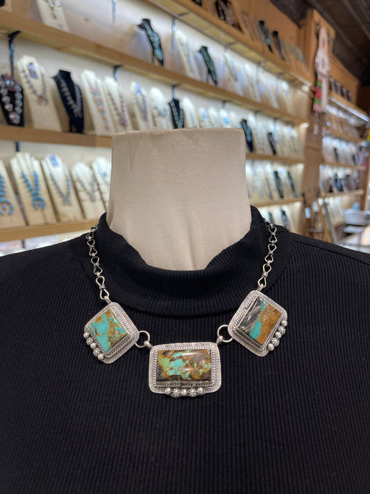 18" Blackjack Turquoise 3 Stone Necklace by Lyle Piaso, Navajo