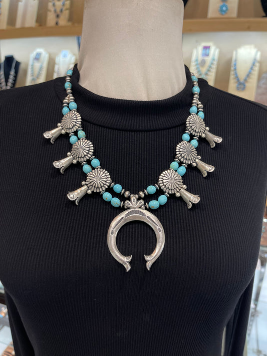 20" Squash Blossom with Sleeping Beauty Turquoise Nuggets & Conchos by Rita Largo, Navajo
