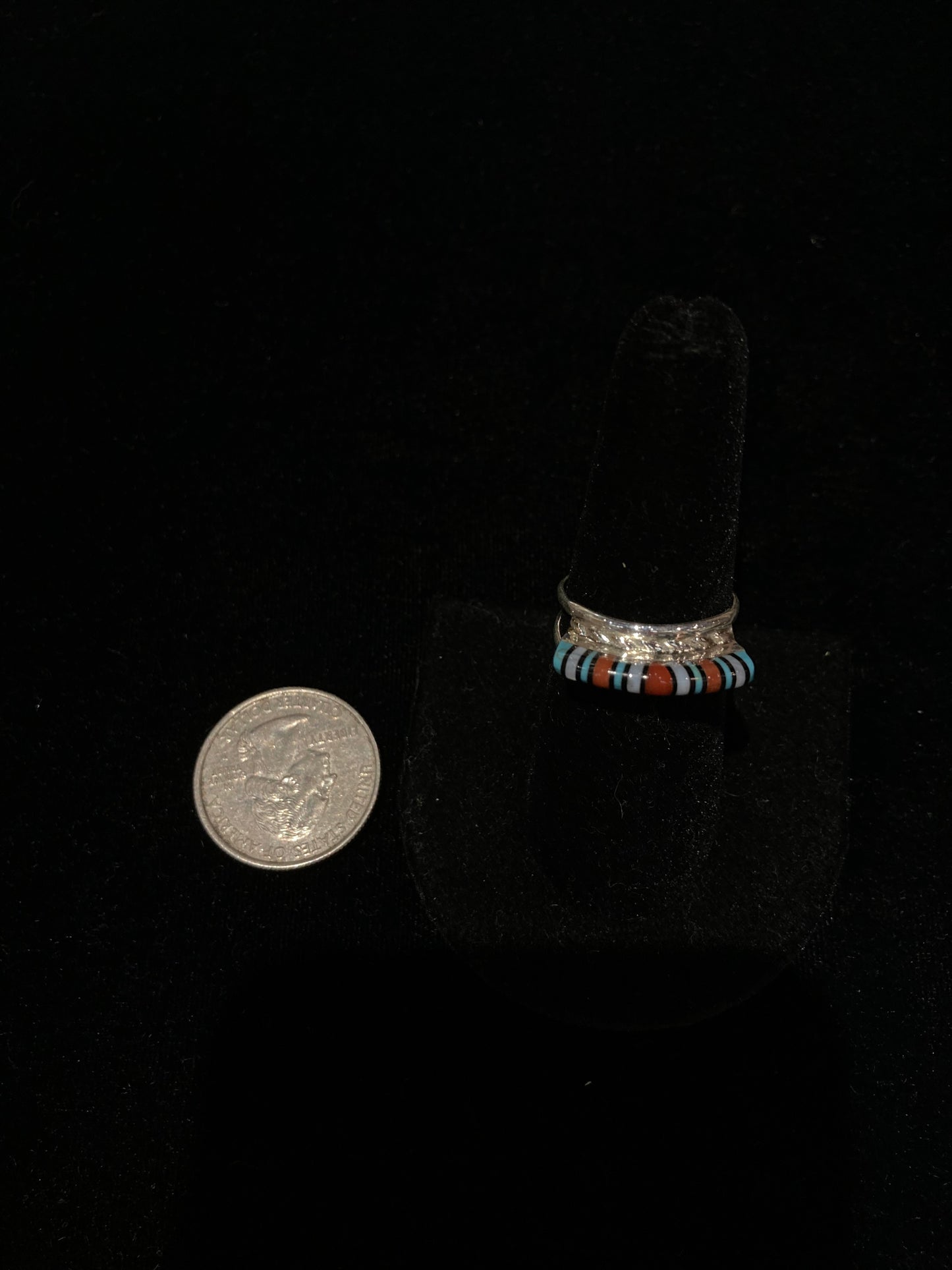 7.5 Coral, Black Onyx,Turquoise, and Pearl Ring by Victor Martza, Zuni