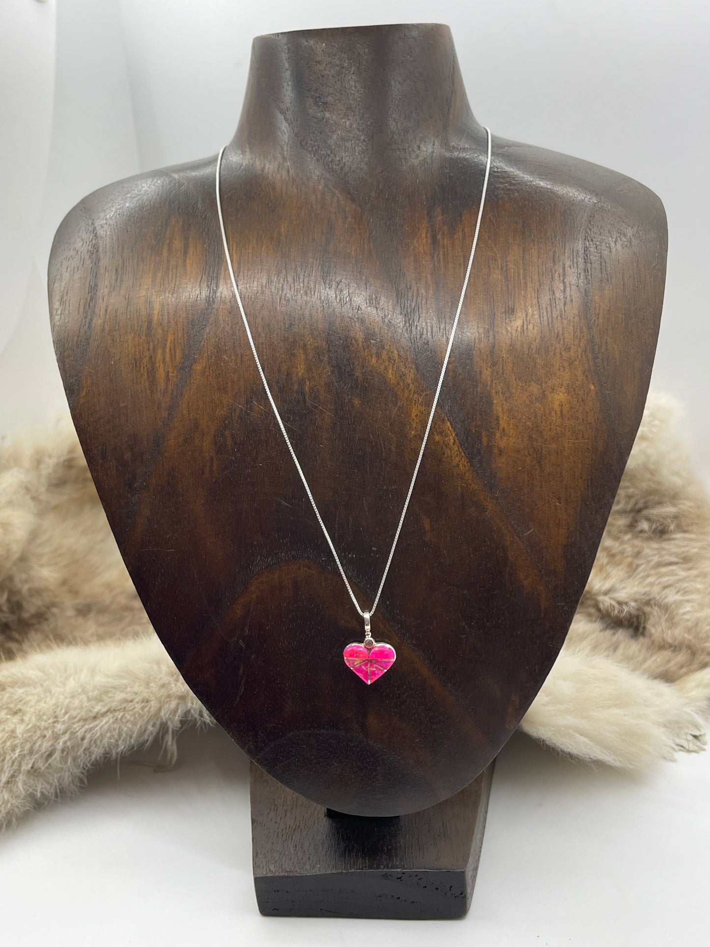 18" Chain with Hot Pink Opal Inlay Heart Pendant by Janelle Shebola, Zuni