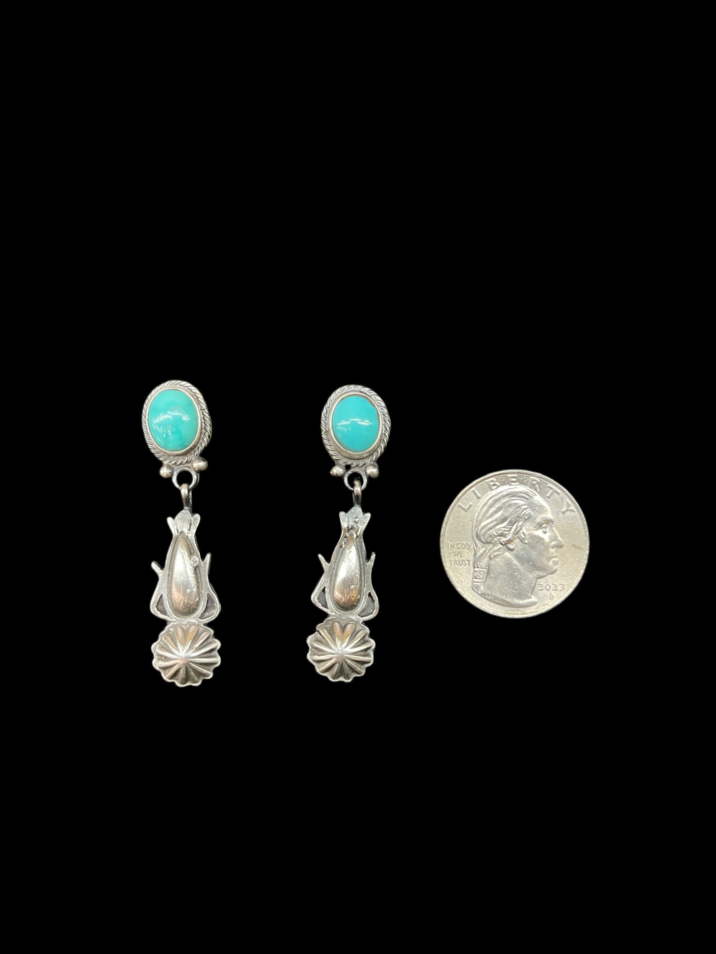 Turquoise and Dark Sterling Silver Dangle Earrings by Verley Betone, Navajo