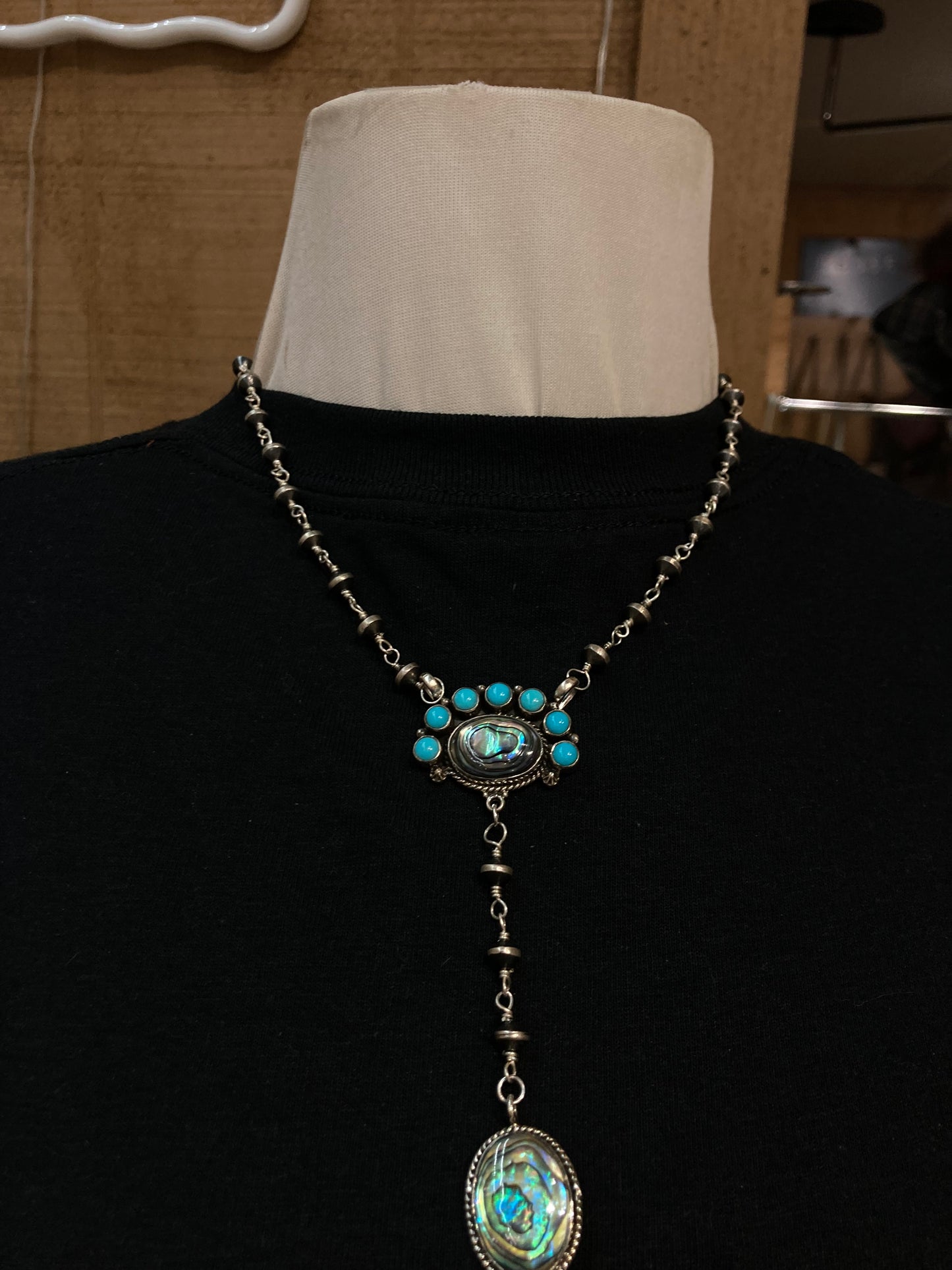 18"+3" Dangle Abalone with Turquoise and Navajo Pearls Necklace by Zia