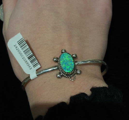 5 1/2"-7" Green Opal Turtle Cuff by Kalana Hustito, Zuni