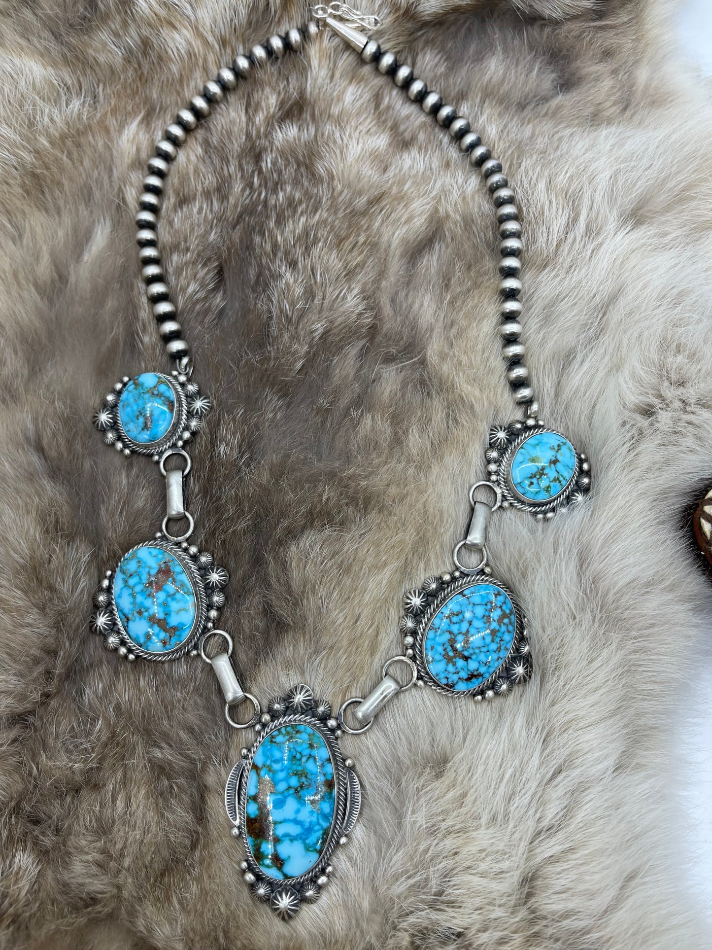 20" High Grade Kingman Spiderweb Turquoise 5 Stone Necklace by Tomm Lewis, Navajo