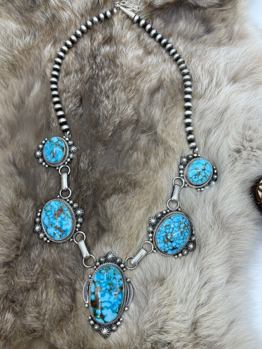20" High Grade Kingman Spiderweb Turquoise 5 Stone Necklace by Tomm Lewis, Navajo