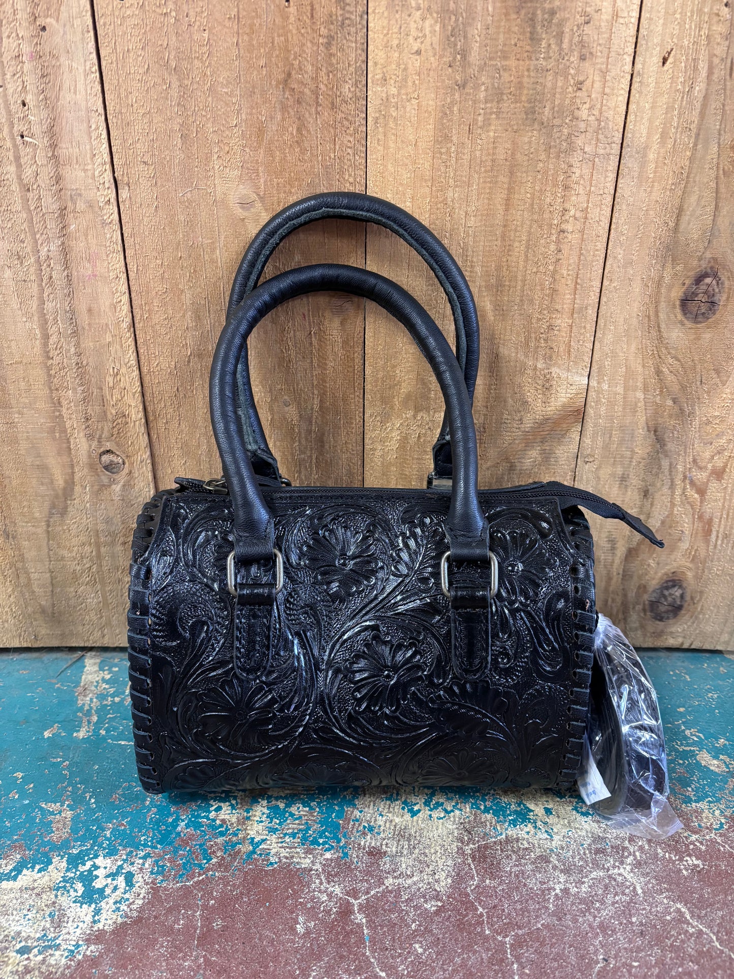 Small Black Flower Tooled Leather Crossbody Speedy Bag Purse