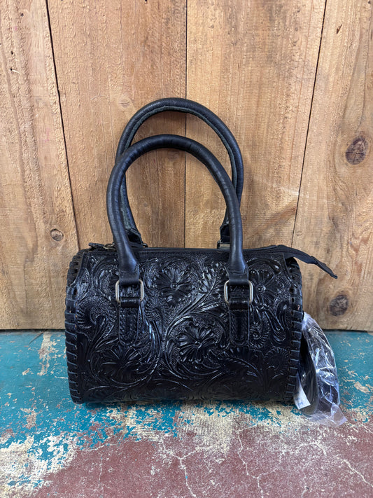 Small Black Flower Tooled Leather Crossbody Speedy Bag Purse