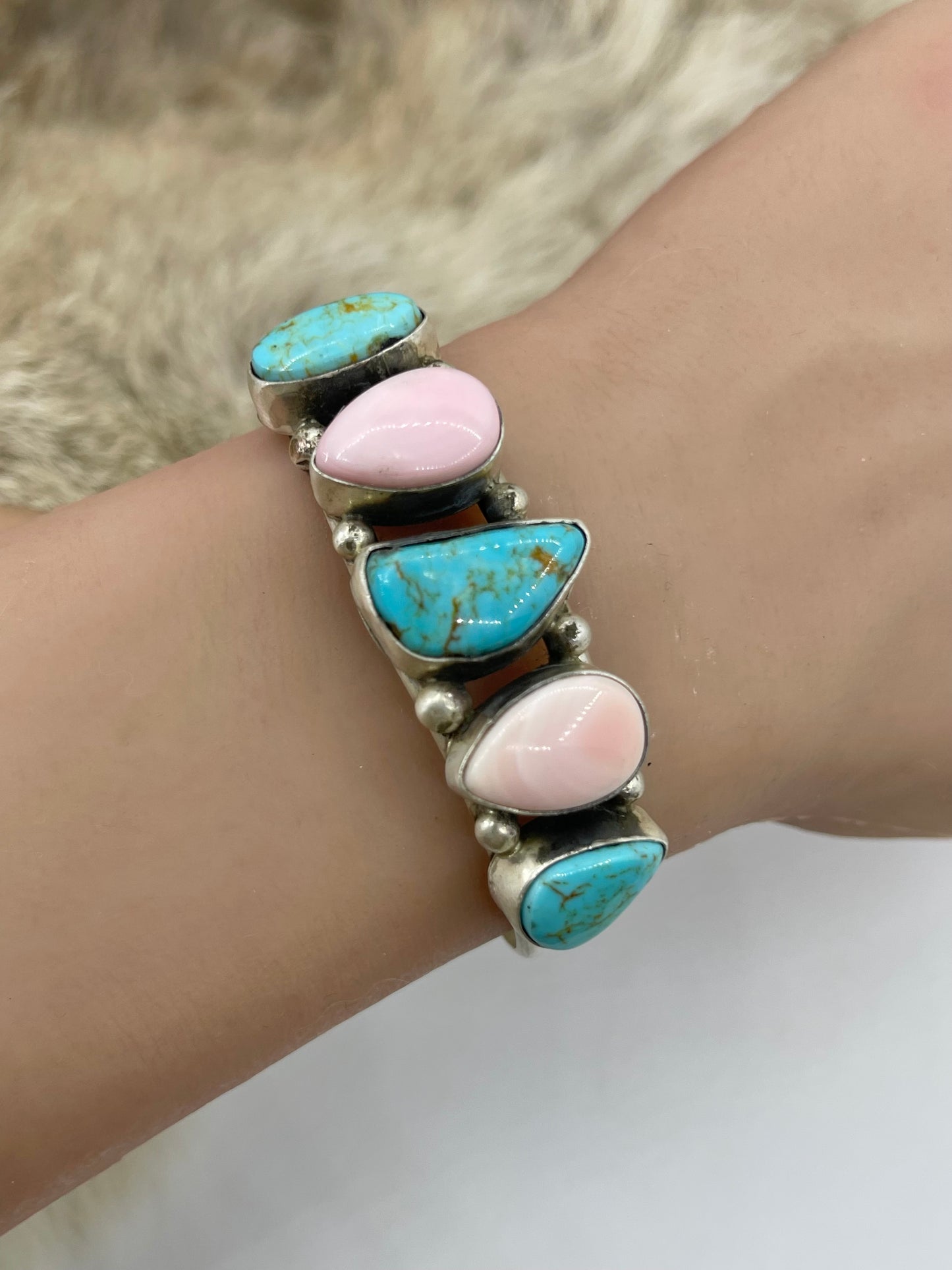 5 Stone Pink Conch & Turquoise Cuff by Augustine Largo, Navajo
