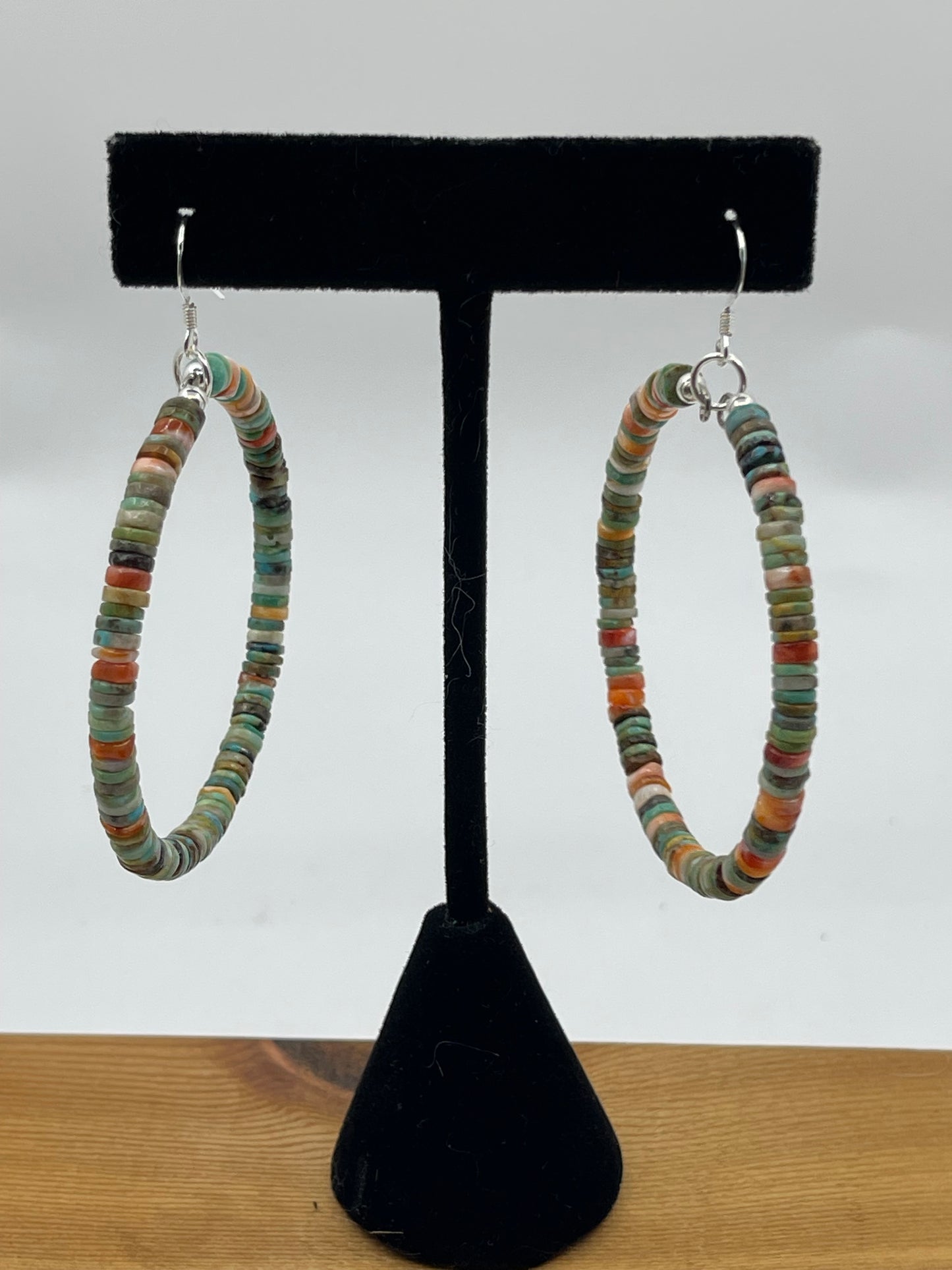 Turquoise and Spiny Oyster Shell Heishi Bead Dangle Hoop Earrings by Ramona Calabaza, Santo Domingo