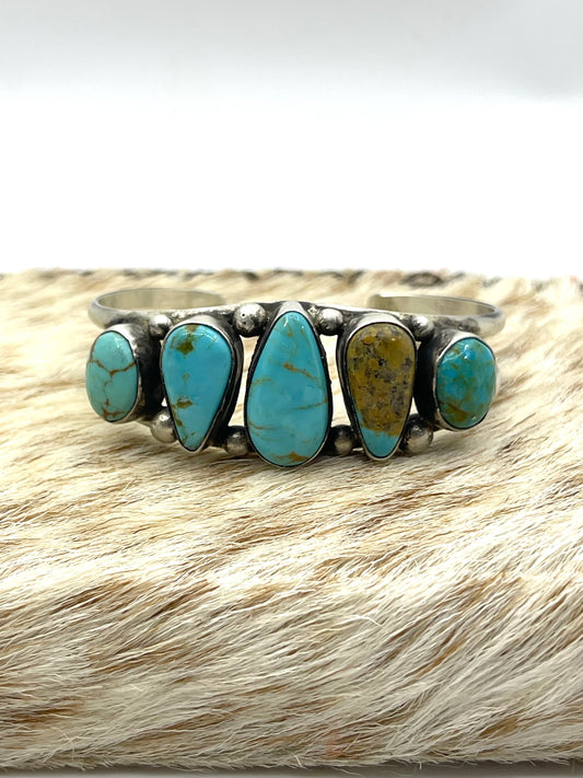 6"-7.5" Mixed Mine Turquoise 5 Stone Cuff by Augustine Largo, Navajo