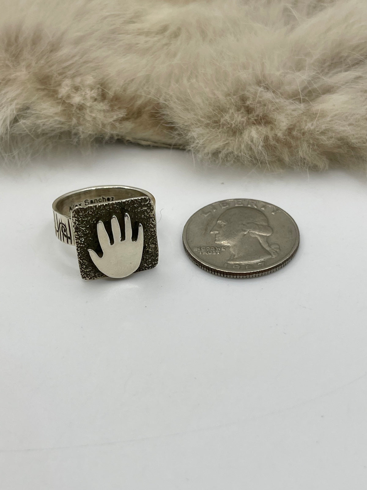 Adjustable 6.0-10.0 Mini Hand Petroglyph Ring by Alex Sanchez, Navajo