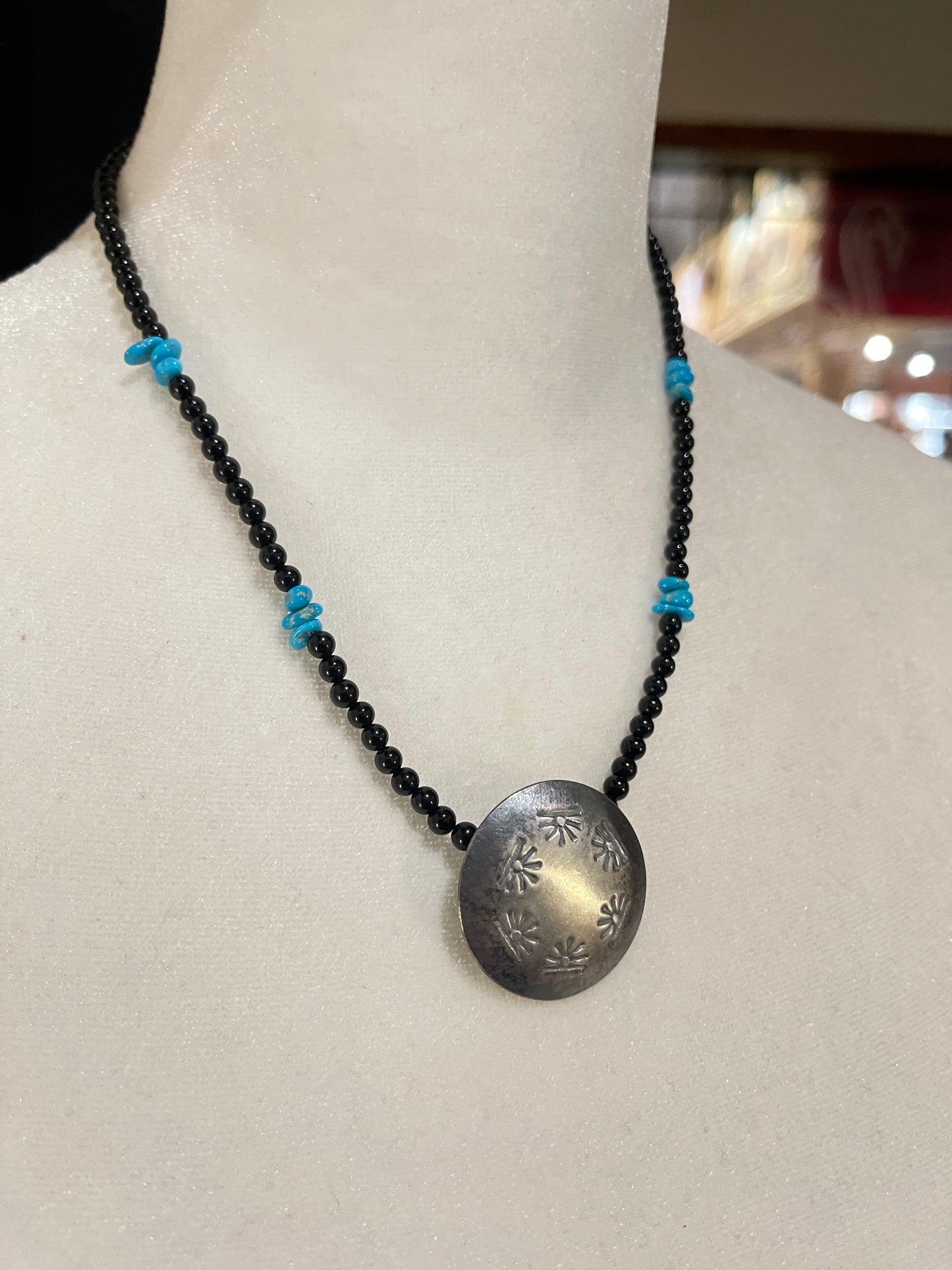 16" Black Onyx and Turquoise Beaded Necklace with a Stamped Pillow Bead by Maryetta Kellywood, Navajo