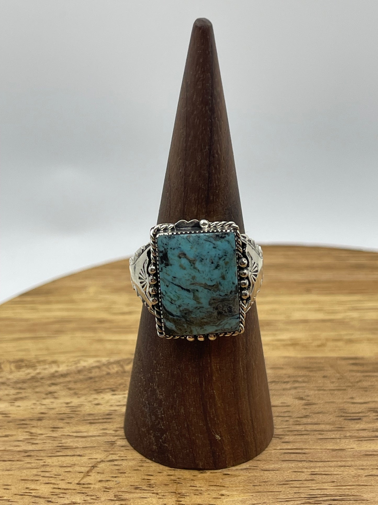 10.0 Rectangle Kingman Turquoise Ring by Gregg Yazzie, Navajo