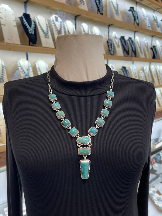 22" Square Turquoise Lariat Necklace Paperclip Chain by Kevin Nez, Navajo
