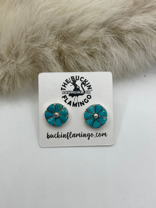 Inlay Turquoise Flower Post Earring by Walter Lalio, Zuni