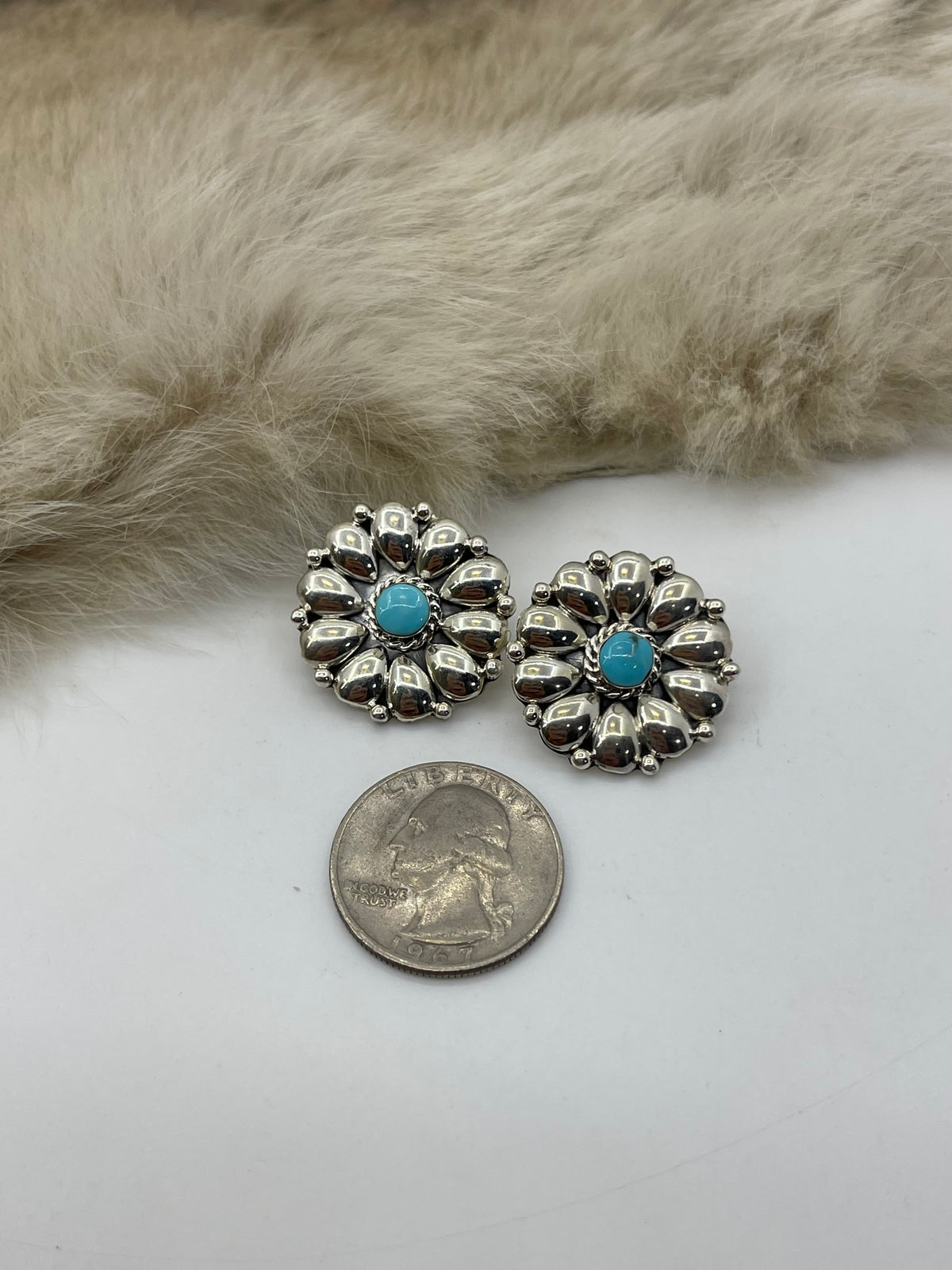 Silver Cluster with Turquoise Earring by Charlene Yazzie, Navajo