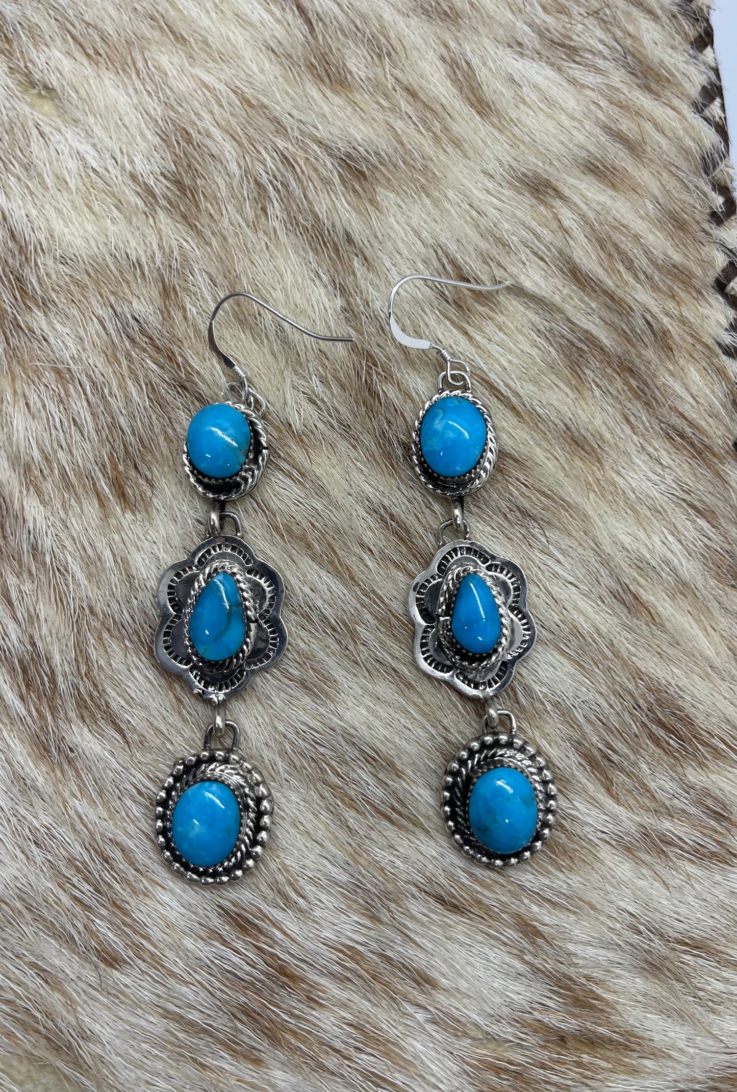 3 Stone Turquoise Dangle Earrings by Marie Tahe, Navajo