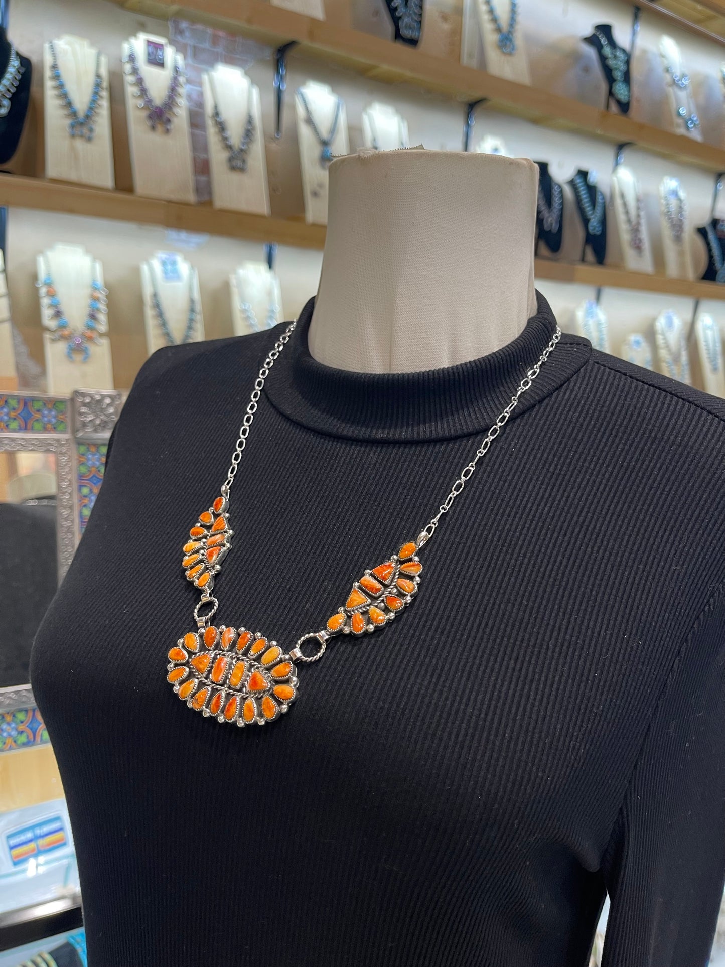 22" Orange Spiny Oyster Shell Necklace by Eunice Wilson, Navajo