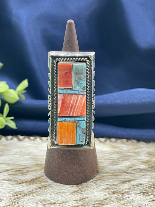 7.0 Orange Spiny Oyster & Turquoise Inlaid Rectangle Ring