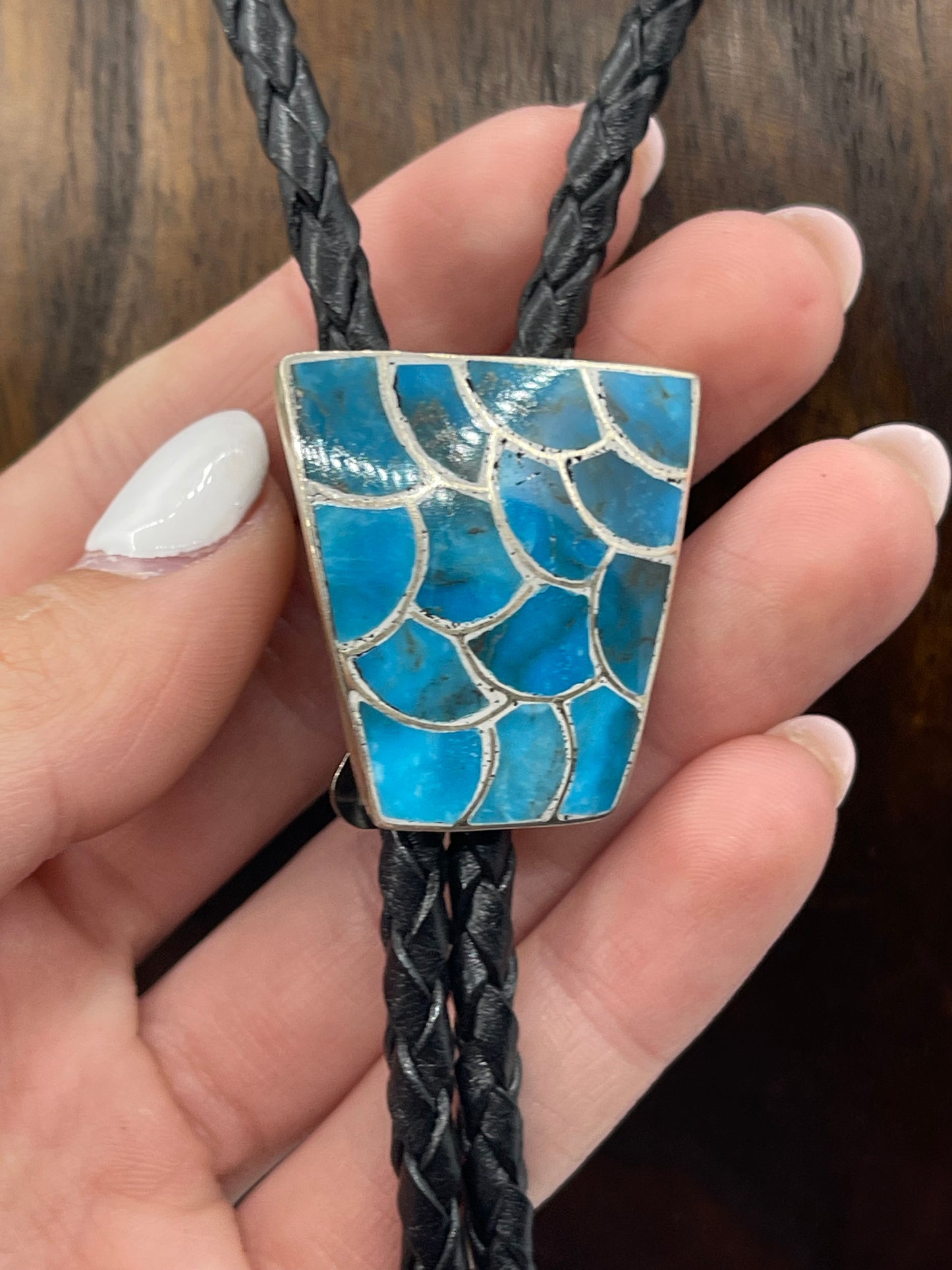 Turquoise Fish Scale Inlay Bolo Tie by Lynelle Johnson, Navajo