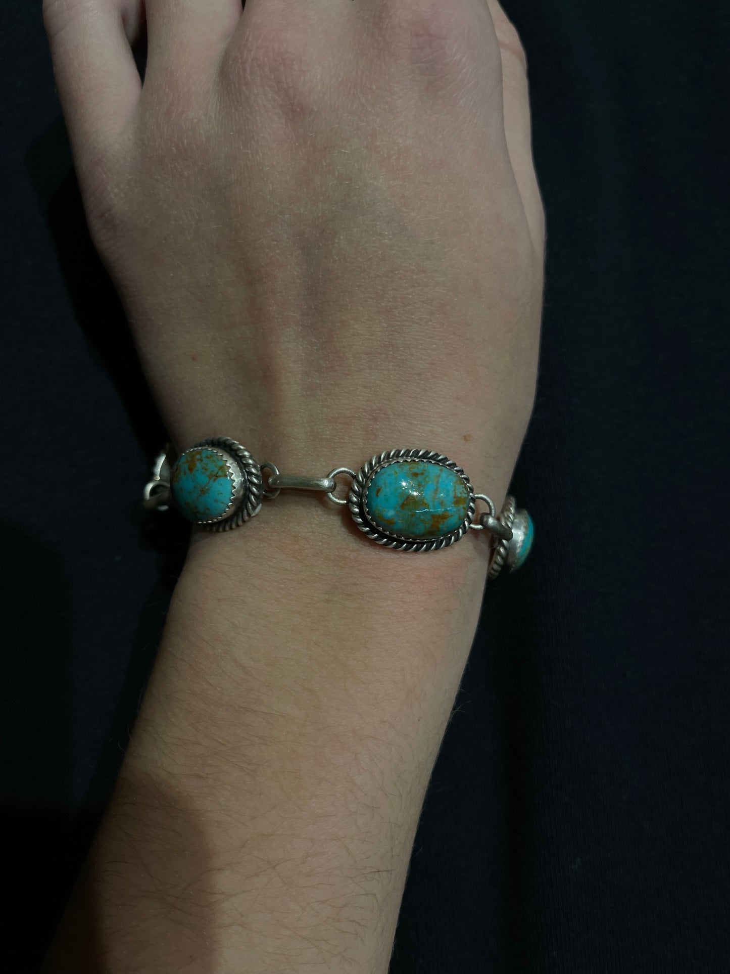 7"-7 3/4" 5 Stone Turquoise Bracelet by Freda Martinez, Navajo