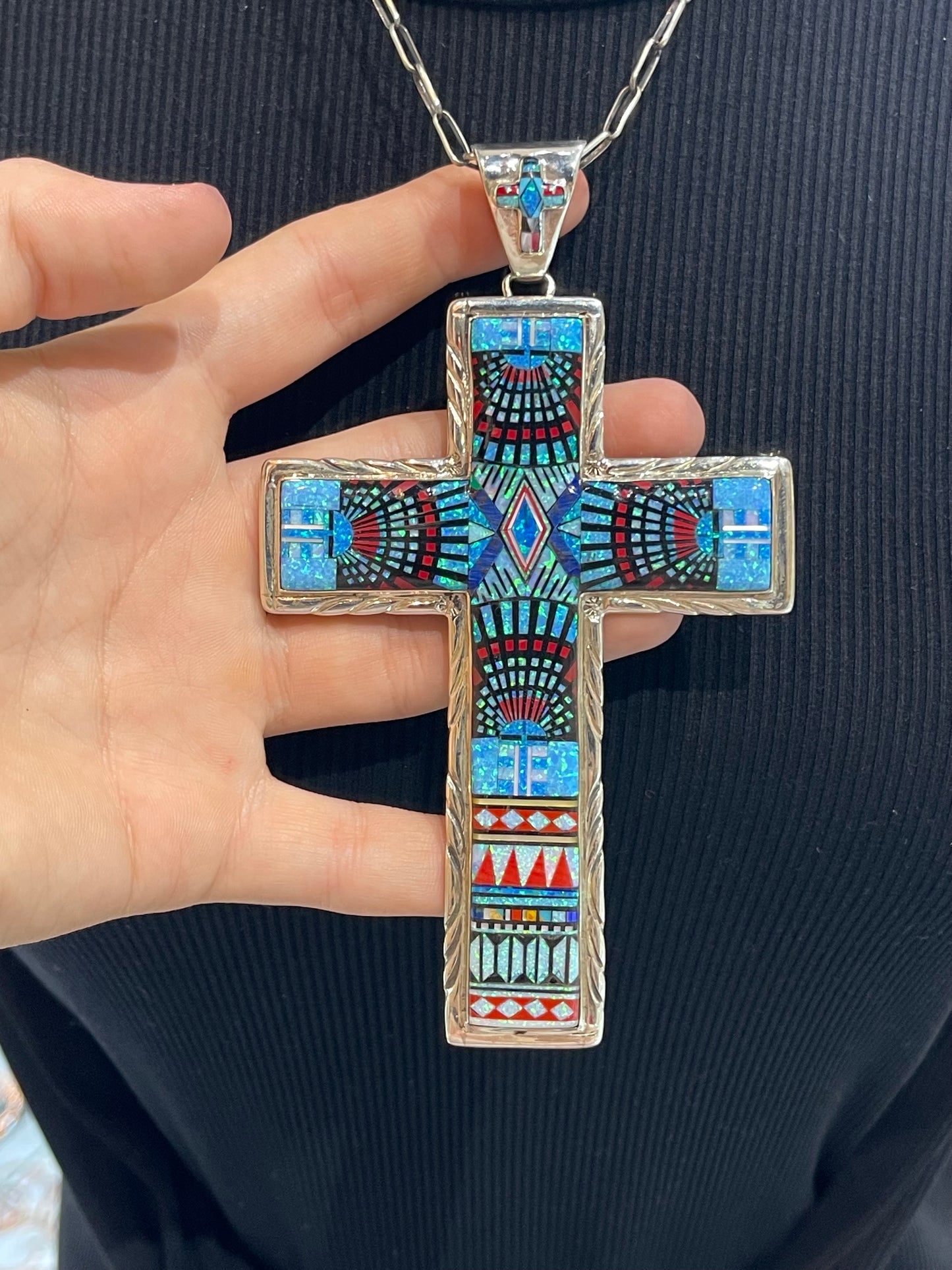 10.4mm bale Inlay Cross with Handmade Paperclip Chain by Sally Shurley, Navajo