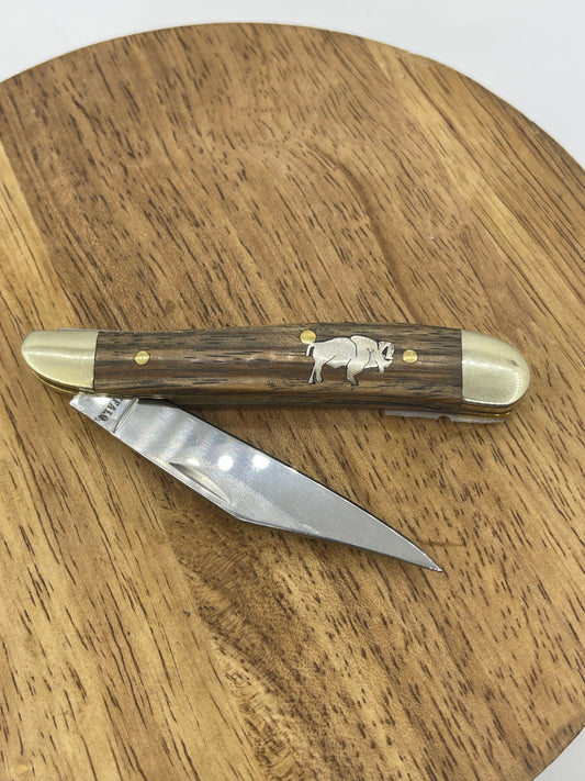 Wood Handle Silver Inlaid Single Blade Buffalo Pocket Knife
