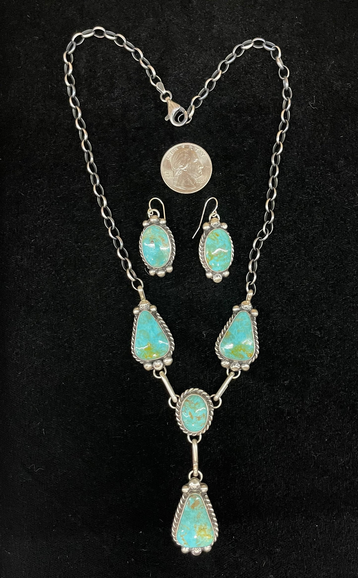 Kingman Turquoise Lariat Style Necklace with Oval Dangle Earrings by Augustine Largo, Navajo