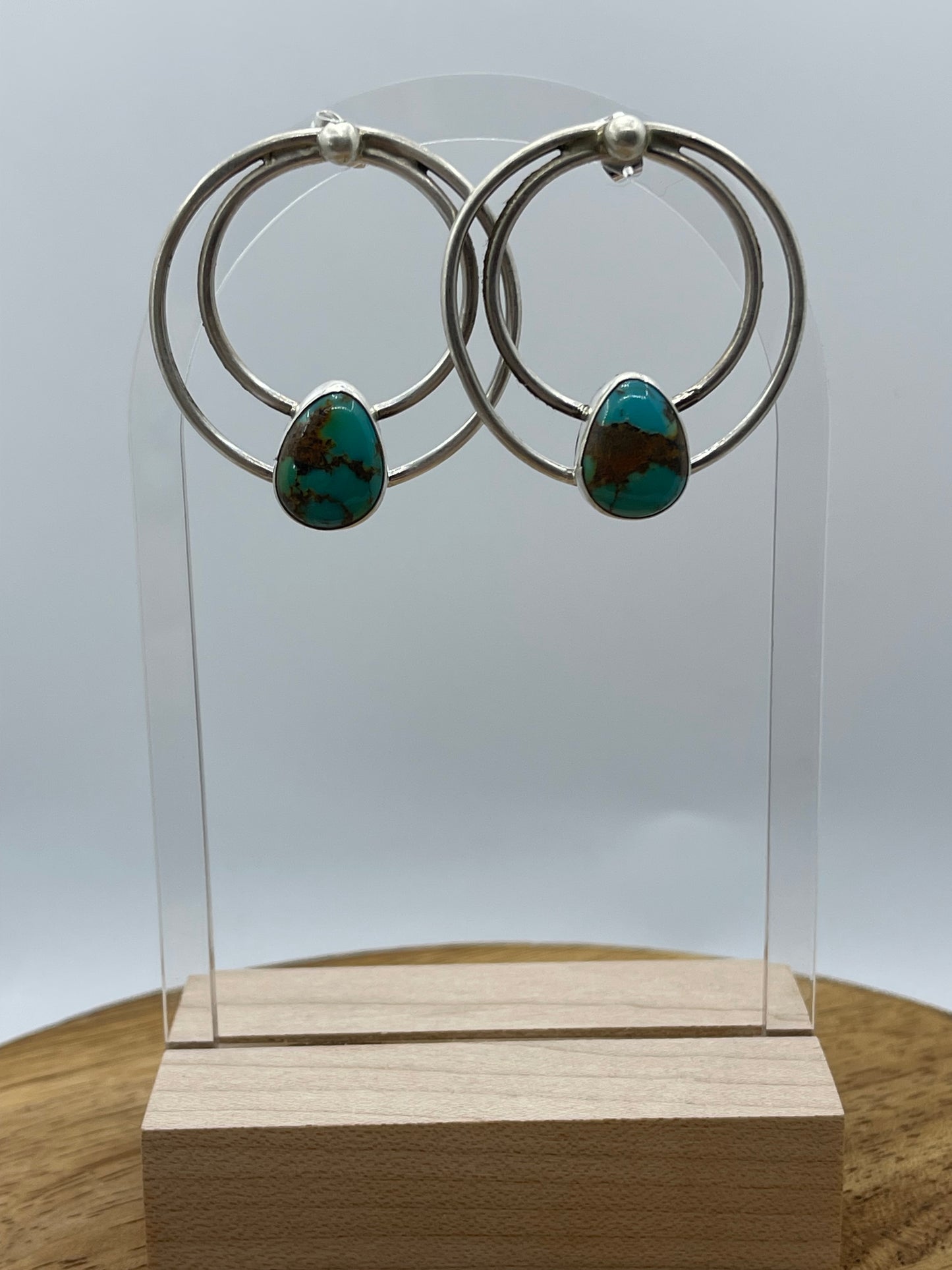 2 Wire Post Hoops with Turquoise Teardrop by Lawrence James, Navajo