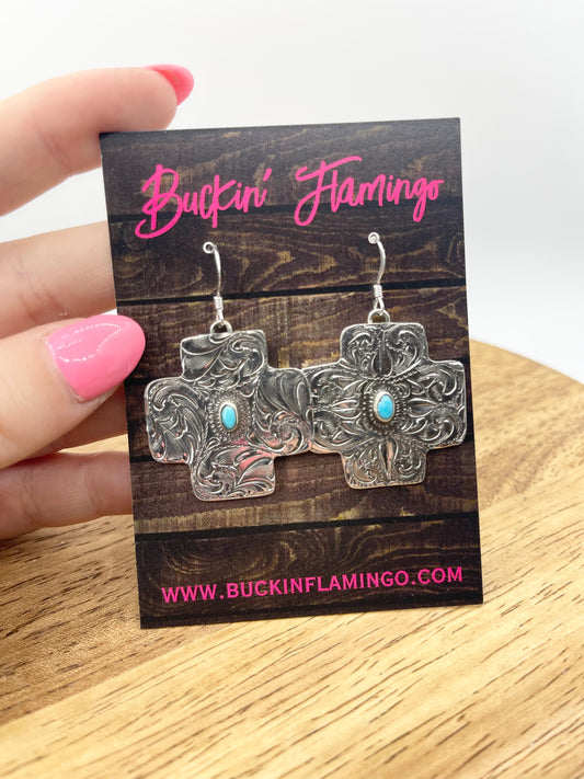 Engraved Turquoise Cross Dangle Earrings by Arthur Burgerman, Navajo
