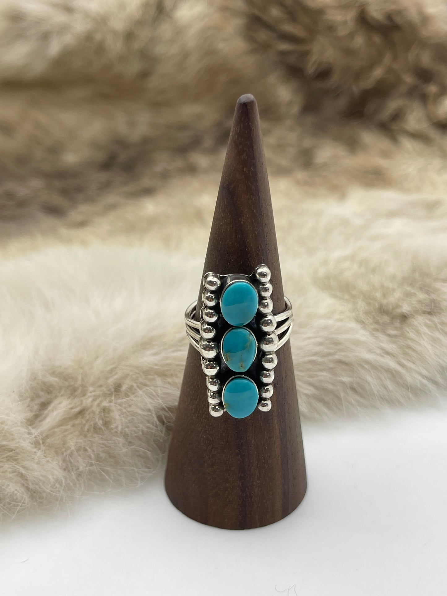 5.0 3 Stone Turquoise Ring by Sadie Jim, Navajo