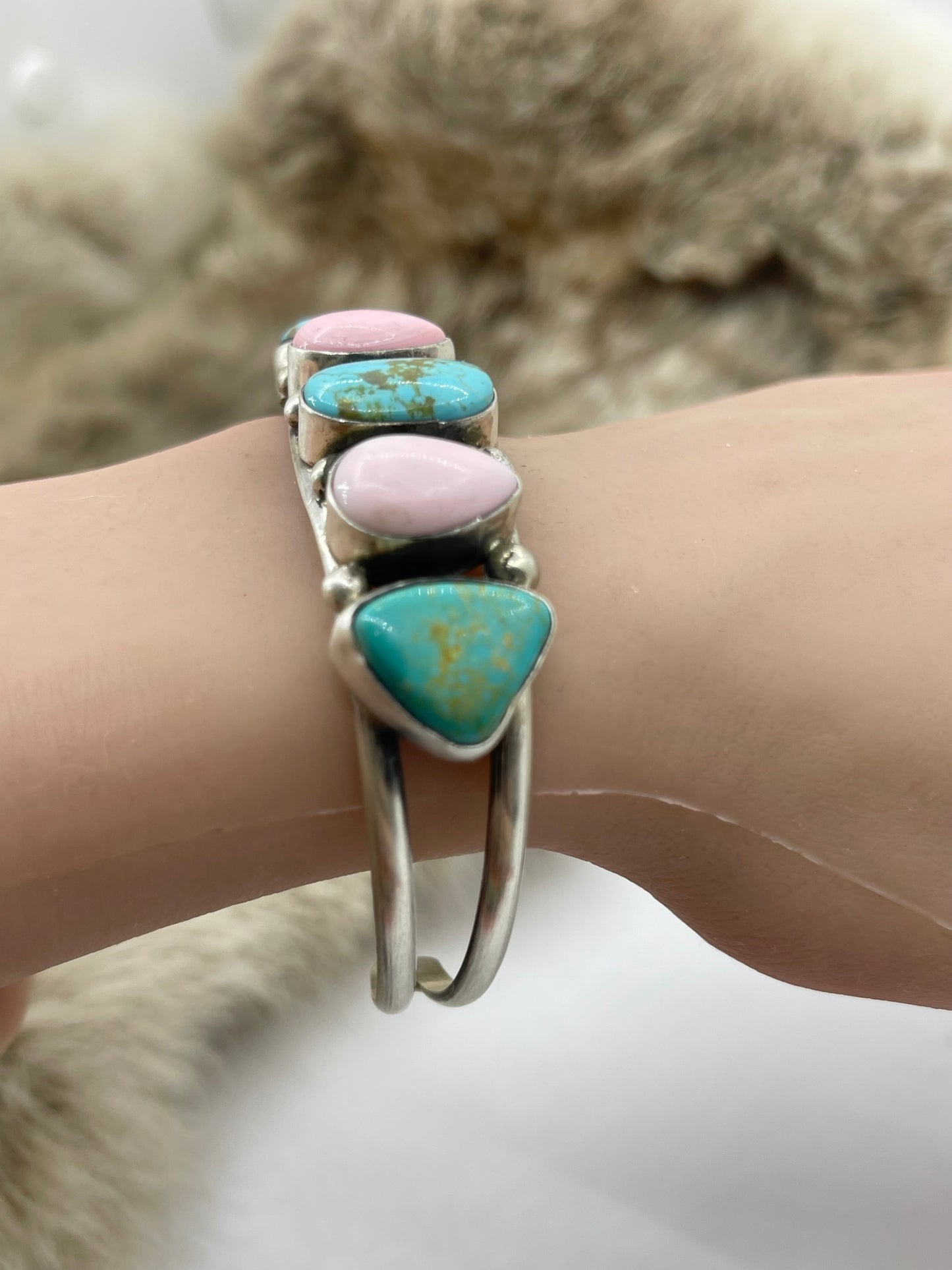 5 Stone Pink Conch & Turquoise Cuff by Augustine Largo, Navajo