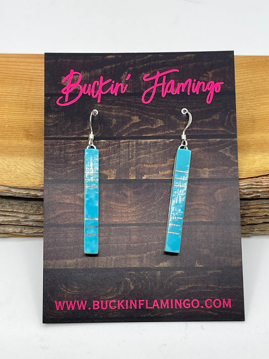 Turquoise Inlay Bar Dangle Earrings by MaDerral Kallestewa, Zuni