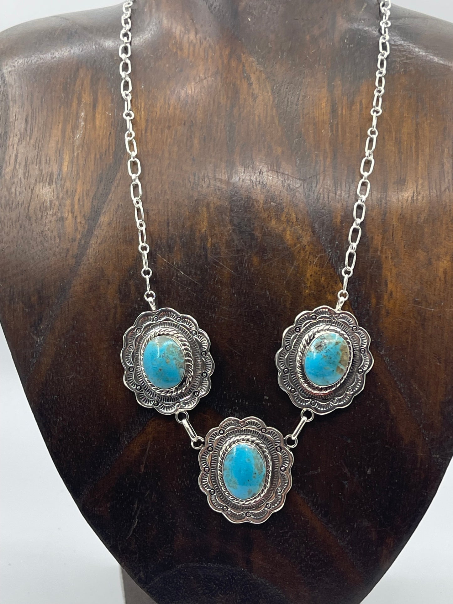 16" 3 Stone Turquoise Concho Necklace by Gwendolyn Burnside, Navajo