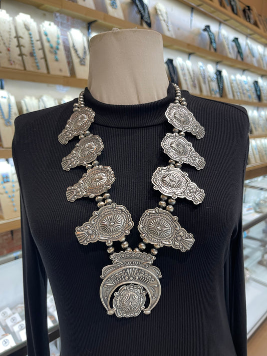 28" All Silver Squash Blossom Concho Necklace by Terry Charley, Navajo