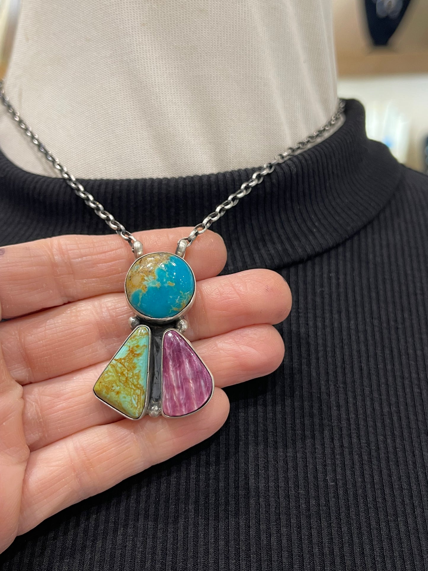 16 Inch Multi-Colored 3 Stone Cluster Necklace by Donovan Skeet, Navajo